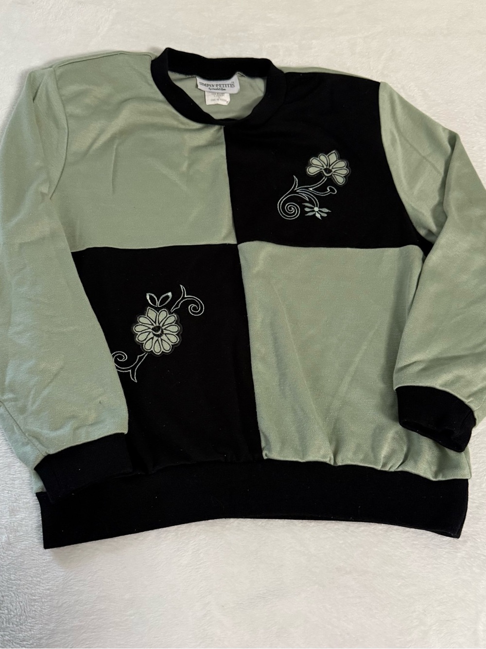 Vintage Two-Tone Sage and Black Embroidered Floral Sweatshirt
